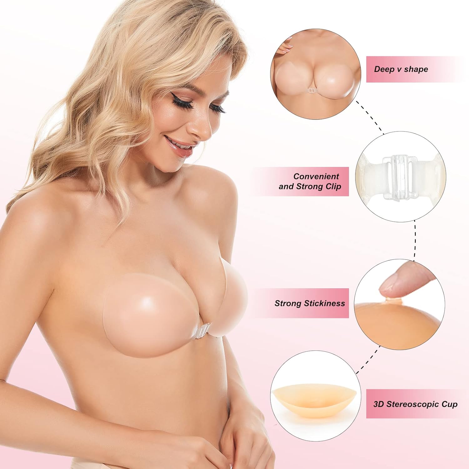 Push Up Bra Silicone - บราแบบแปะ บราซิลิโคนไร้สาย บราปีกนกสำหรับผู้หญิง พร้อมแผ่นปิดจุกนม แบบหนา ช่วยยกกระชับ