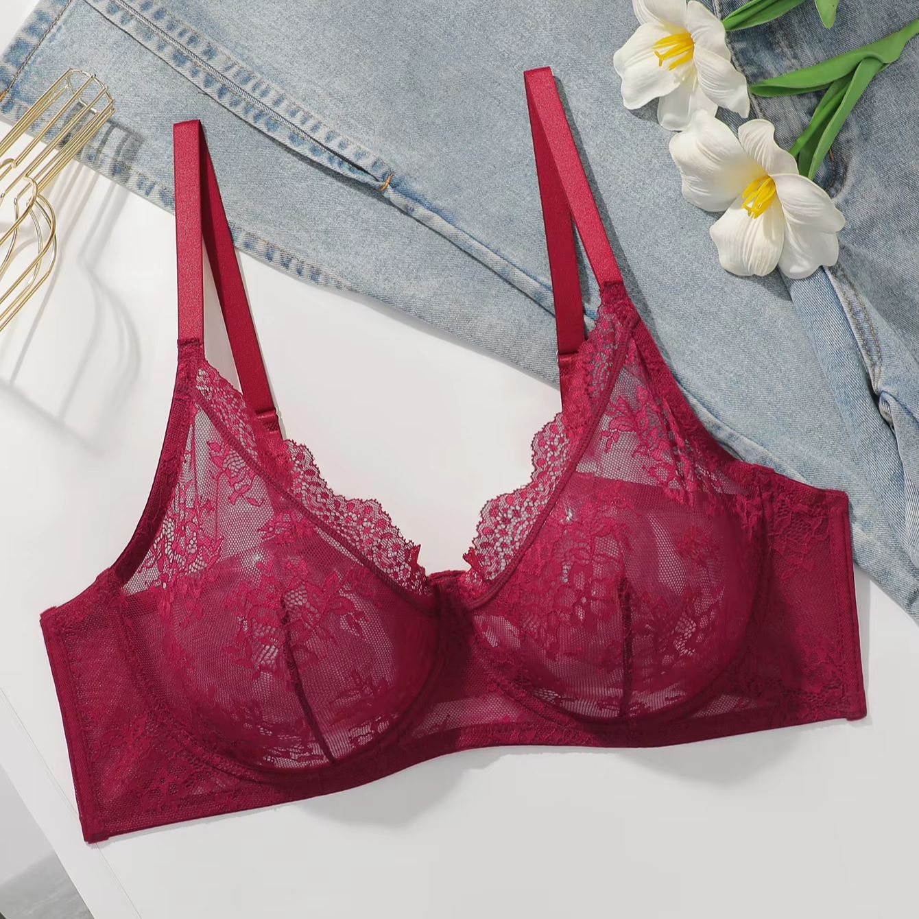 บราลูกไม้สีแดงสำหรับผู้หญิงไซส - Full Coverage Bra บทวิจารณ์และราคา